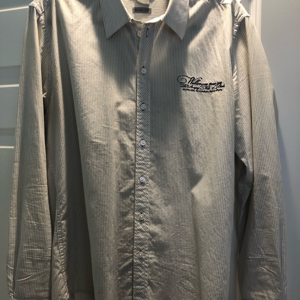 Astr Slim Fit Long-Sleeve Pinstripe Dress Shirt - Beige/Gray